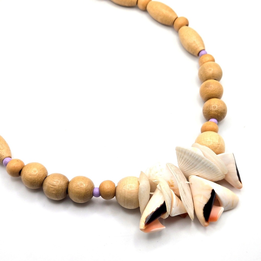 Vintage Natural Wood Seashell‎ Beaded Necklace Beach Boho 1970s Tropical 16 Inch